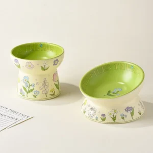 Durable Green Ceramic Cat Bowl Rabbit Flower Non-Slip Pet Feeding Bowl High Foot Diagonal Water Bowl For Drinking Feeding