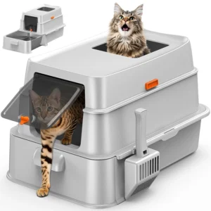 Extra-Large Enclosed Stainless Steel Cat Litter Box (Odor-Proof), Front-Entry Top-Discharge Litter Box, with Drawer, with Shovel, Easy to Clean, Extra-Large Size, Suitable for Large Cats