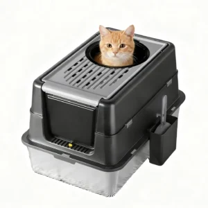 Stainless Steel Cat Litter Box with Flip Lid XXL Enclosed Litter Box Enclosed High-Sided Designs, Dual Entry for Cats with Scoop