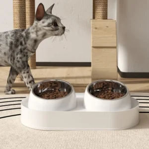Ceramic Cat Double Bowl 2-in-1 Feeding & Watering, Oblique Mouth Neck Protection, Non-Slip Anti-Overturning Pet Bowl for Kitten