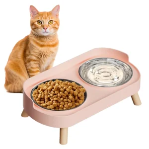Raised Cat Feeder 2 Bowls in 1 Feeding & Watering Supplies 15° Raised Puppy 2 Stainless Steel Bowls Wood Stand Cats Accessories